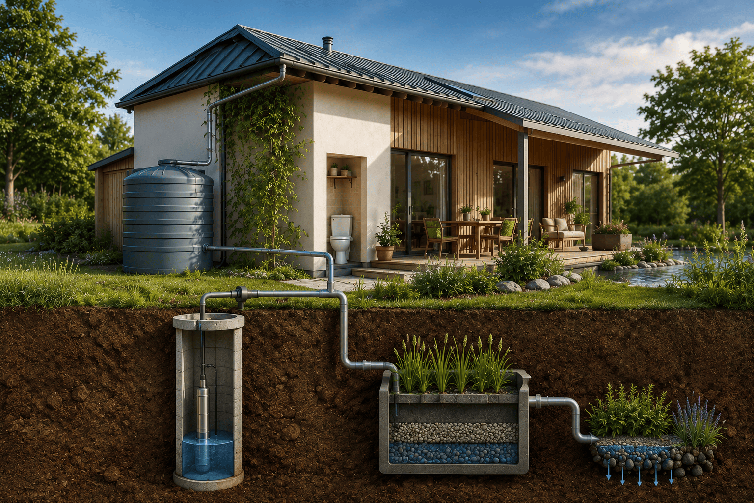 Water autonomy for a house: rainwater harvesting, drilling, greywater management